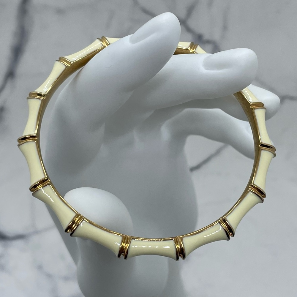 Stella & Dot Bamboo Style Bangle Bracelet Gild Tone Beige